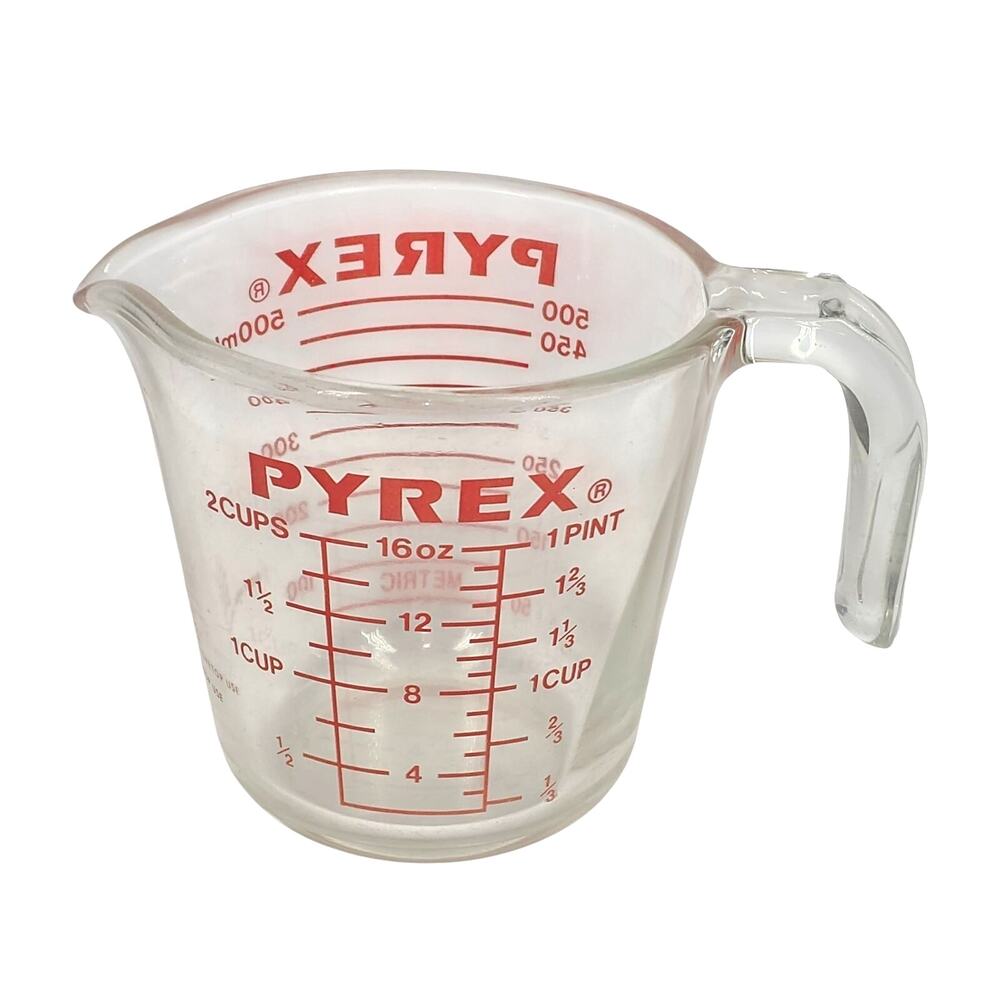 VINTAGE PYREX 2‑CUP MEASURING CUP – CLEAR GLASS – RED GRAPHICS – ALL‑CAPS PYREX
